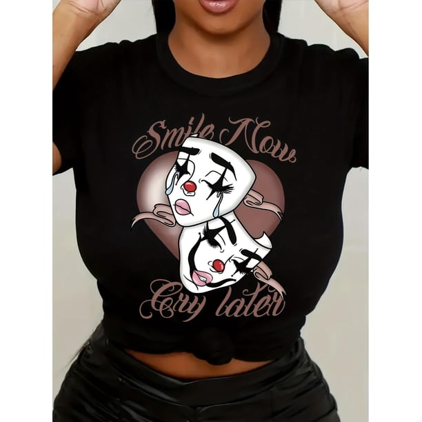 Camiseta de manga corta con máscara de payaso, cuello redondo, informal, para verano y primavera, para mujer, para deportes de ocio.