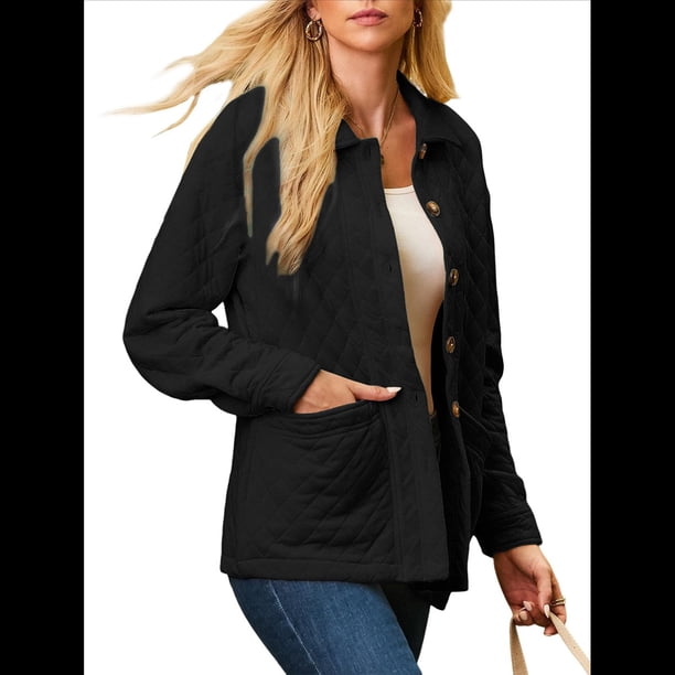 Chaqueta Acolchada Informal para Mujer, Camisa de Larga con Cuello Abotonado, Chaqueta de Otoño con Bolsillos Negro S