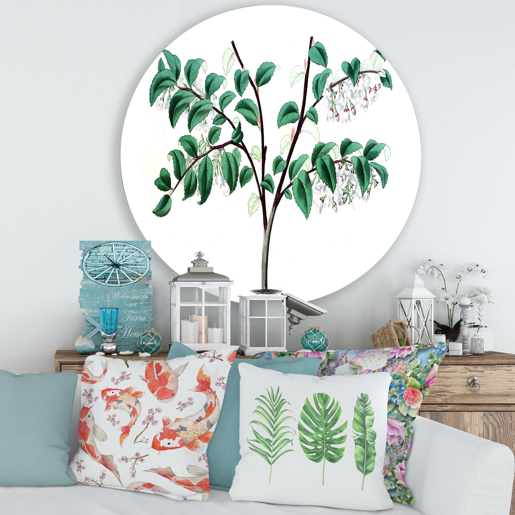 Designart 'Ancient Green Leaves Plants I' Traditional Circle Metal Wall Art 36x36 - Disc of 36
