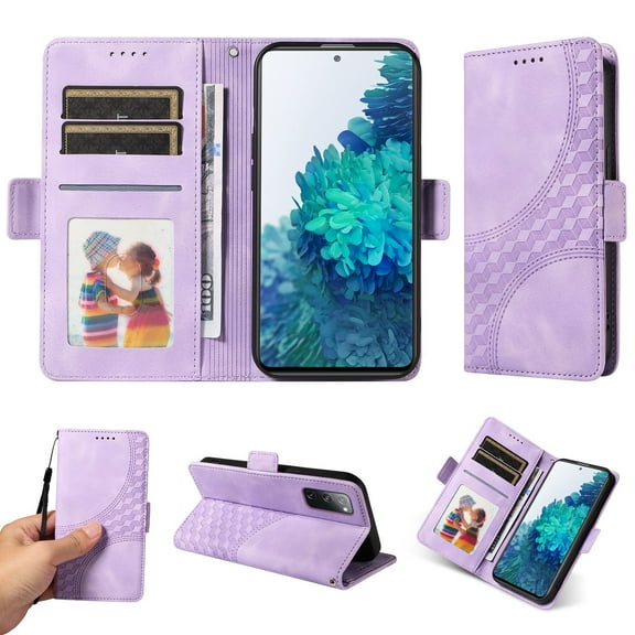 ELEHOLD For Samsung Galaxy S20 Leather Wallet Phone Case, Embossed Diamond Folio Flip Cover, Card Holder Cash Slot, Stand Support, Wrist Strap Lanyard -Purple