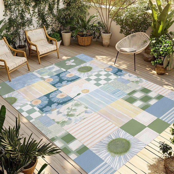 Spring Floral Checkered Outdoor Rug for Patio/Deck/Porch, Non-Slip Large Area Rug 3 x 5 Ft, Sage Green Daisy Buffalo Plaid Indoor Outdoor Rugs Washable Area Rugs, Reversible Camping Rug Carpet Runner