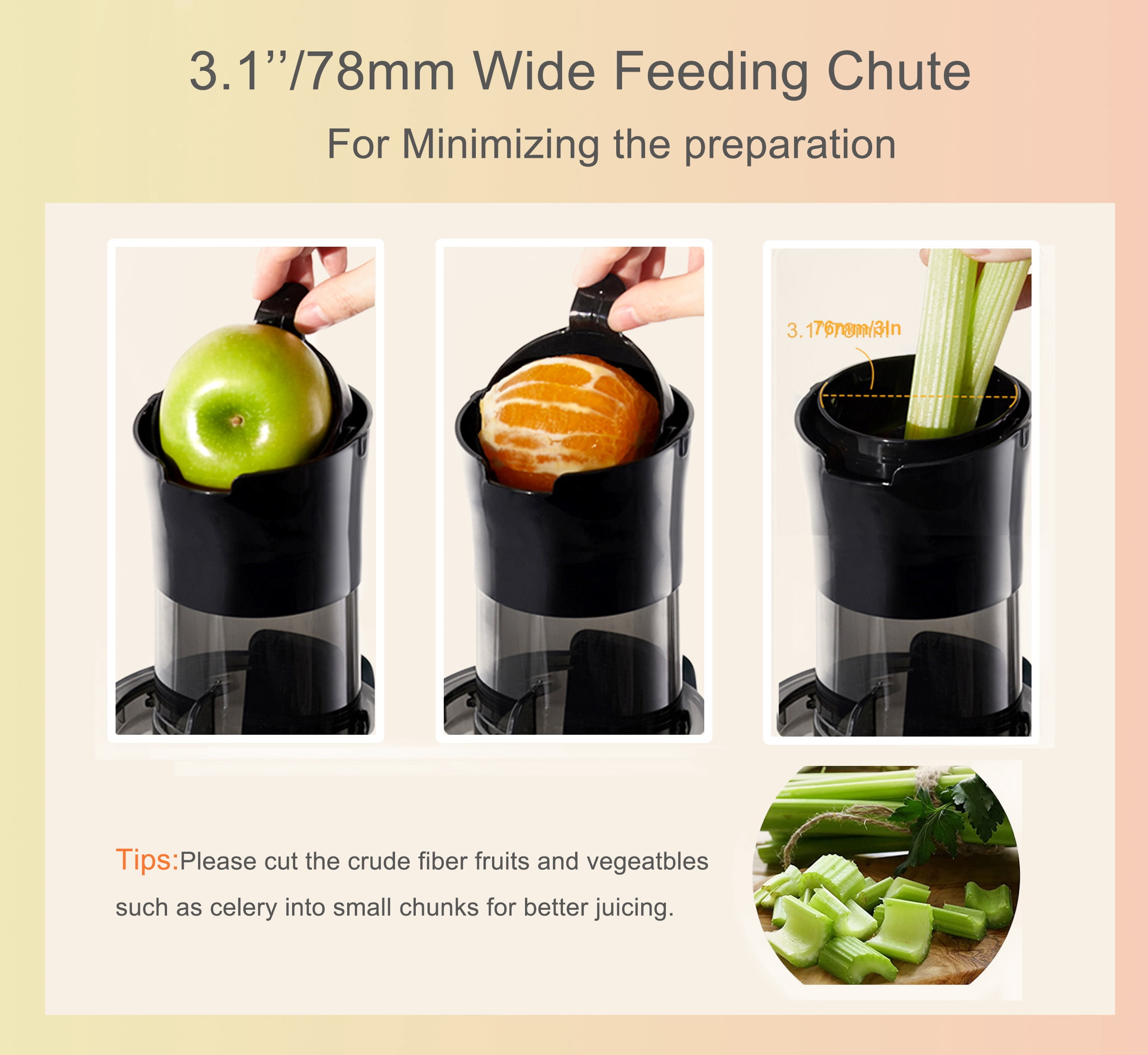 Qvin Compact Slow Masticating Juicer machines 3inch Big Wide Chute, Easy to Clean, BPA Free, Nutritional electrical Cold Press Juicer machine with Brush and 2 Cups
