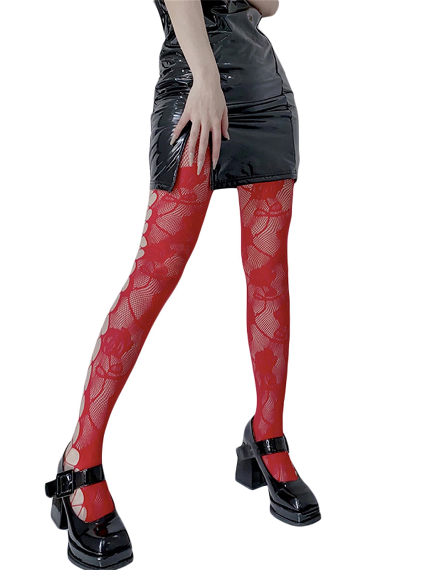 Womens Hollow Out Y2k Pantyhose Solid Color Rose Pattern High Elastic Long Stockings Tights
