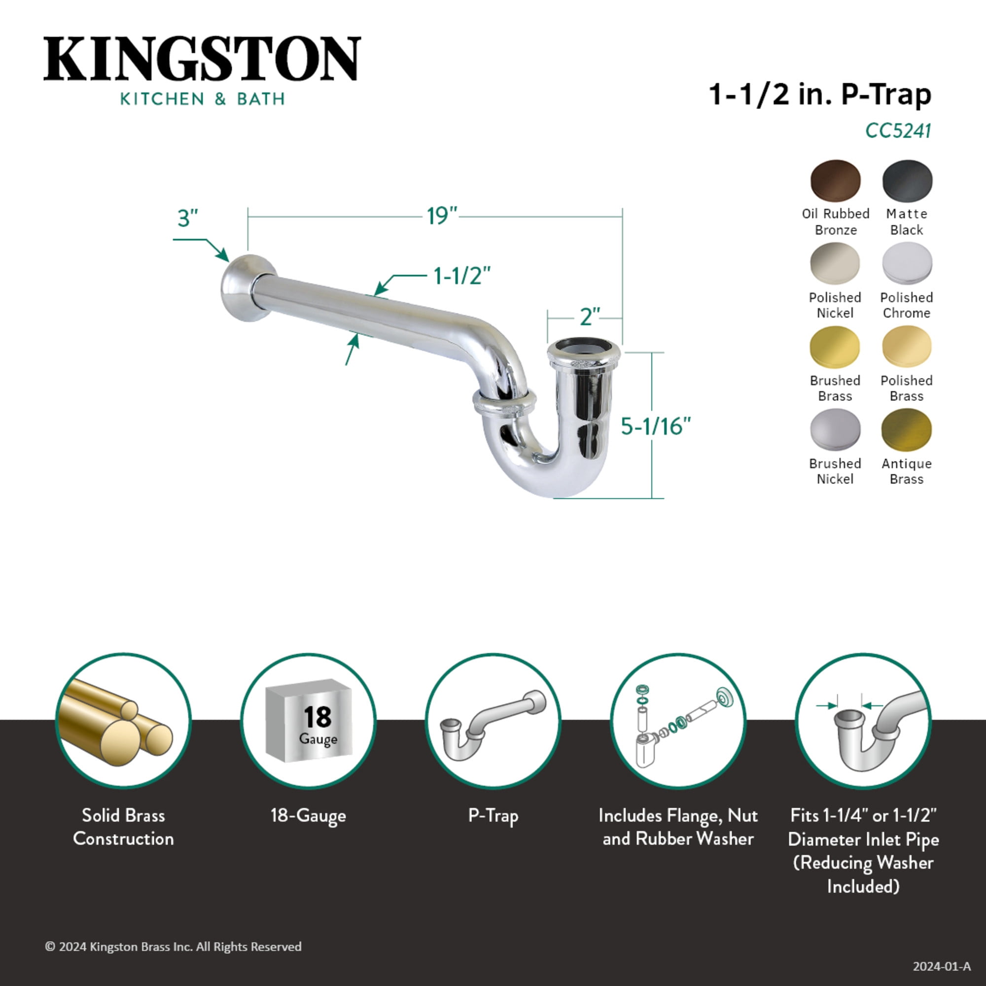 Kingston Brass CC5248 1-1/4" (or 1-1/2") x 1-1/2" P-Trap with Bell Flange, 19" Length, 18 Gauge, Brushed Nickel