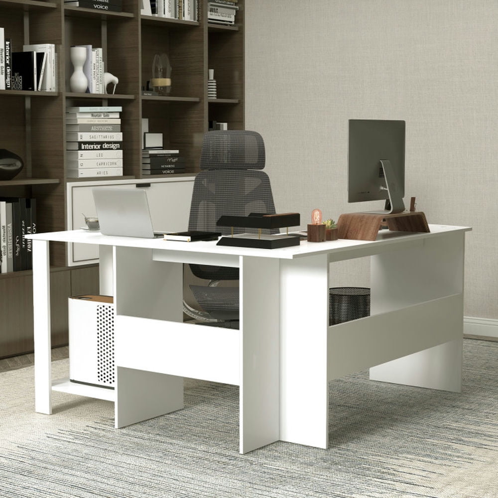 Demi Bonn Large Modern L-shaped Computer Desk with 2 Cable Holes and 2 Storage Shelves, Small Home Office Desk Study Writing Table, White