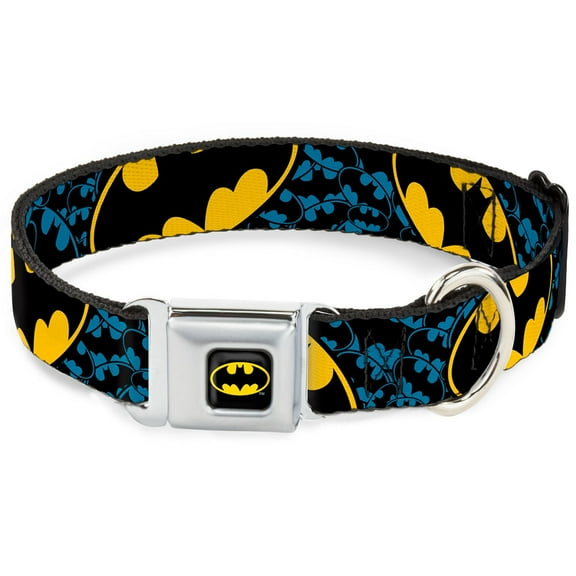 DC Comics Pet Collar, Dog Collar Metal Seatbelt Buckle, Bat Signals Stacked Close Up Blue Black Yellow, 15 to 24 Inches 1.0 Inch Wide