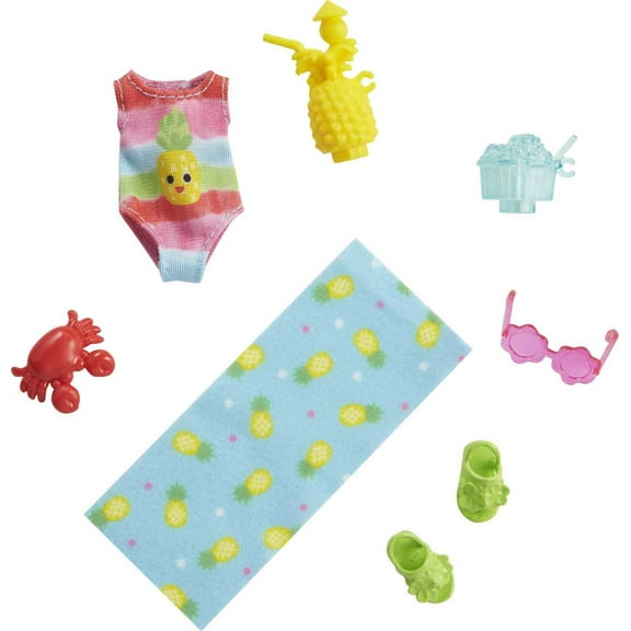 Barbie Chelsea Accessory Pack, Beach-Themed Accessories for Small Doll Featuring Pineapple Swimsuit
