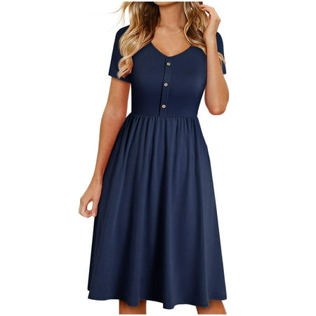 

Juebong Women Off Shoulder Dresses Summer Casual V-Neck Button Pockets Vacation Beach Mini Dress