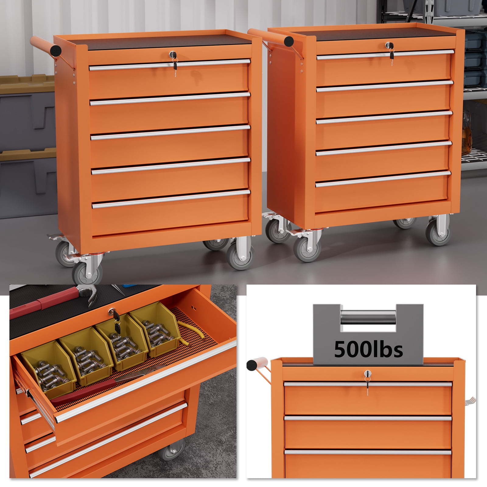5-Drawer Tool Chest,Rolling Tool Cart with Wheels,High Capacity Tool Cabinet with Locking System for Garage, Warehouse, Workshop-Orange