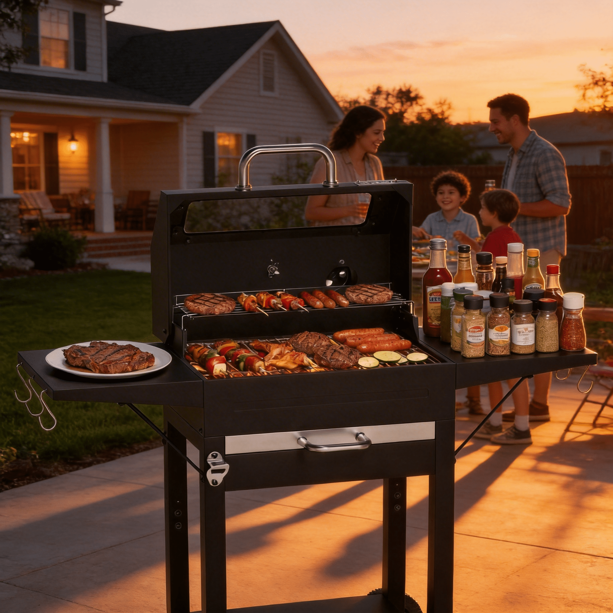 KOBENDA 20 inch Charcoal Grill with Side Tables & Glass Viewing Window, Outdoor BBQ Grill for Backyard , Black