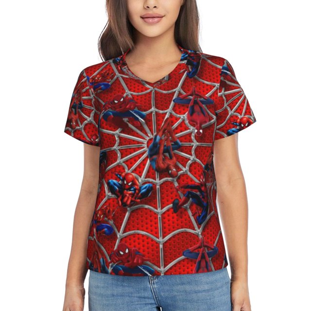 Spider-Man T-Shirt à Manches Courtes Col en V pour Femmes