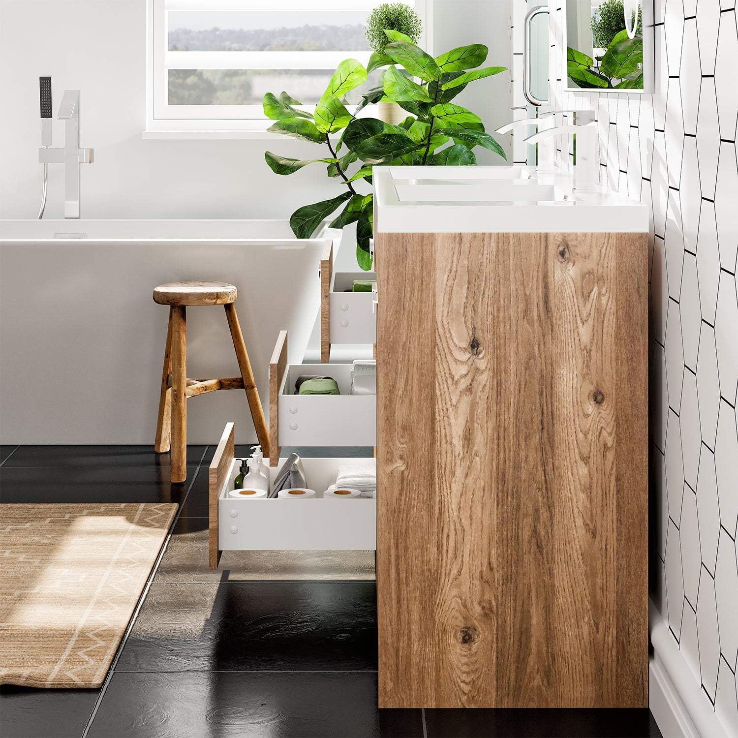 Eviva Lugano 60" Natural Oak Modern Double Sink Bathroom Vanity w/ White Integrated Top