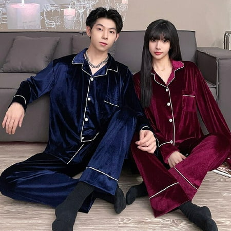 

PIKADINGNIS Autumn Winter Flannel Mens Pajamas Set Solid Warm Golden Velvet Women Sleepwear Couple Pajama Sets Sleep&Lounge Home Clothes