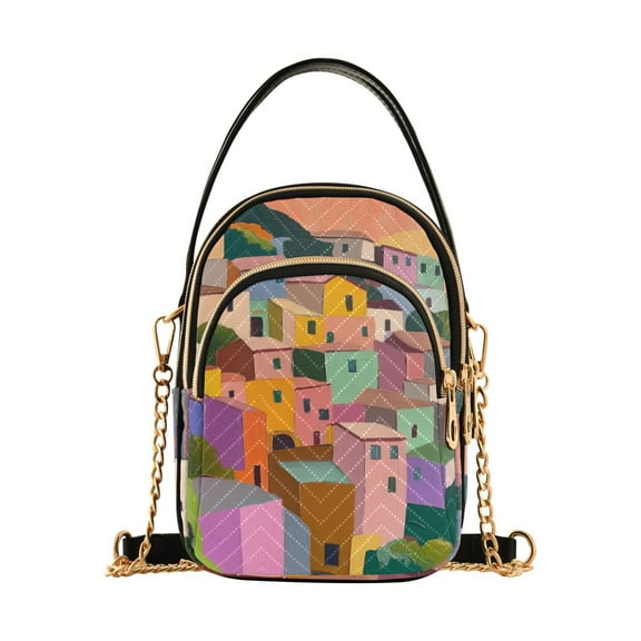FORMRS Crossbody Bag for Women Quilted Travel Shoulder Cell Phone Purse with Chain Strap Handbag, Purple Cityscape Painting