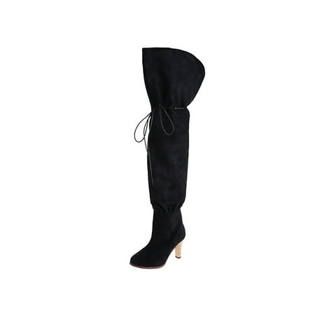 

SIMANLAN Ladies Faux Suede High Heels Non Slip Tall Over The Knee Boots Business Wide Calf Pull On Thigh Boot Black 7