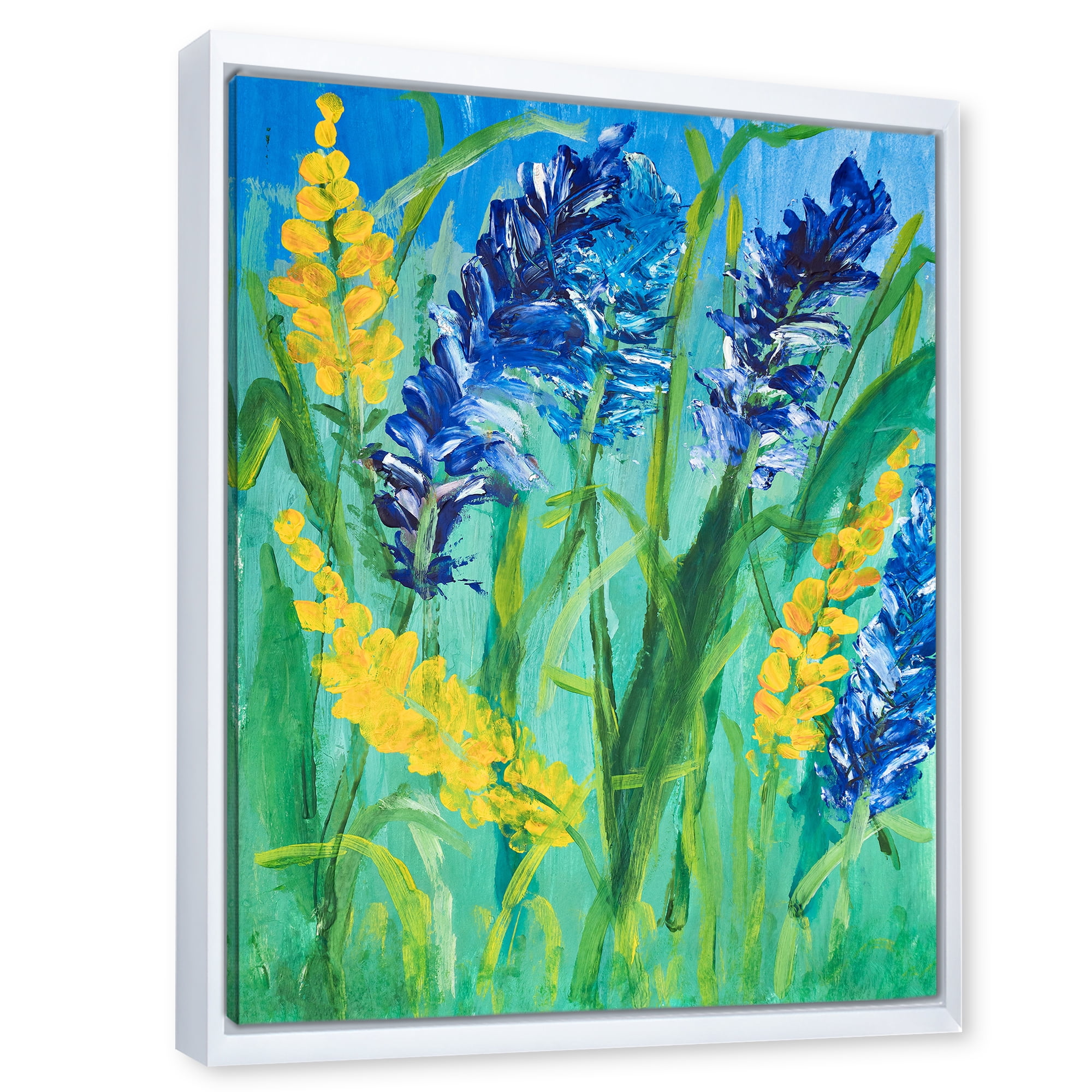 Yellow and Blue Wild Flowers and Grass Gouache 16 in x 32 in Framed Painting Canvas Art Print, by Designart