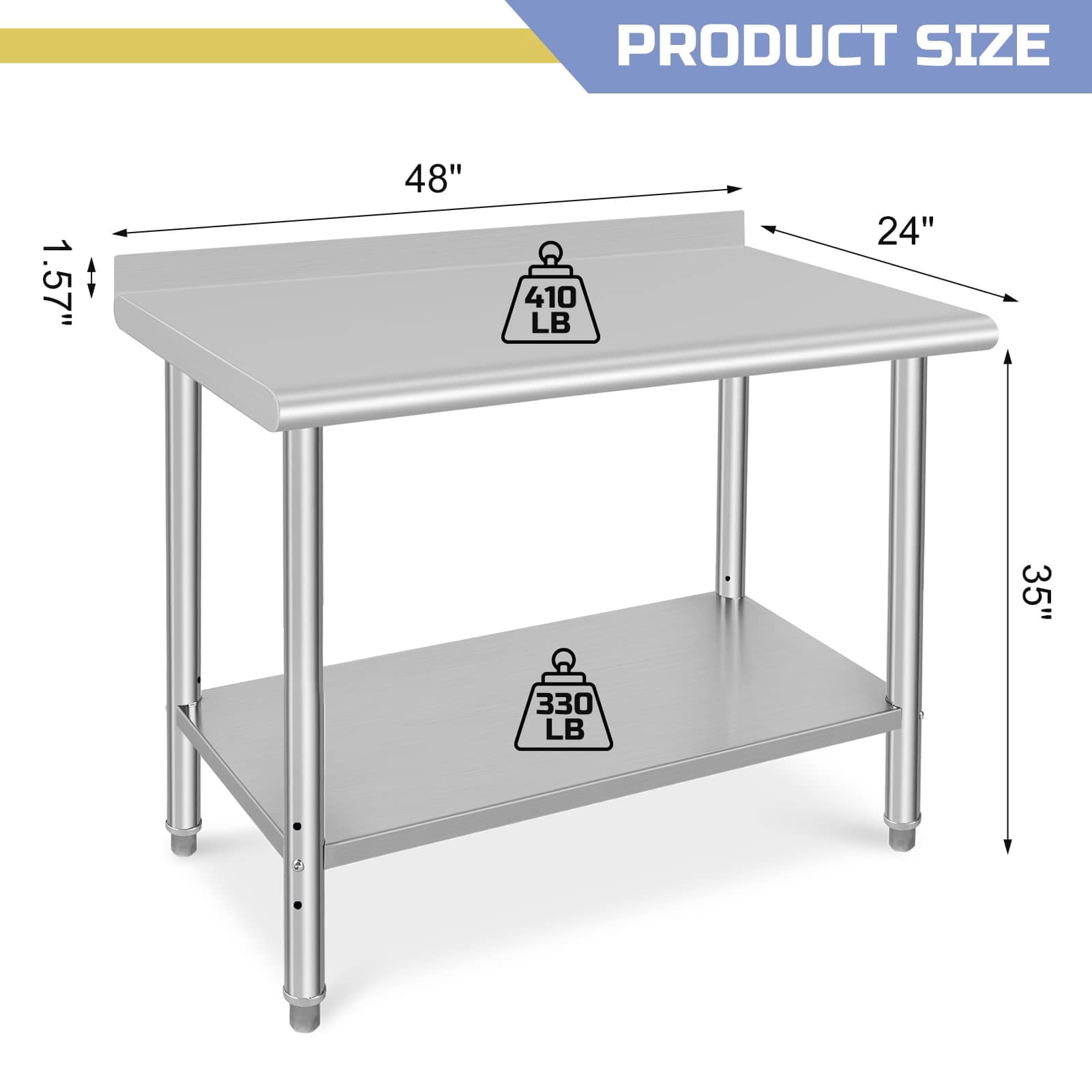 EastVita Stainless Steel Prep Table 48 x 24 Inch Heavy Duty Metal Commercial Kitchen Table with Backsplash and Under Shelf Outdoor Cooking Table Workshop Table for Restaurant Garage Laundry