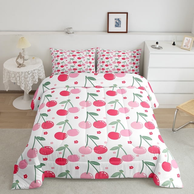 Erosebridal Cute Cherry Comforter Sets Twin Size, Cartoon Floral Flower Comforters & Duvets, Teens, Reversible 2 Pieces