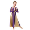 Little/Big Girls Praise Liturgical Dancewear Robe Long Sleeves Dance Dress Metallic Loose Fit Full Length Tunic Circle Costume Maxi Gown Purple+Gold 3-4 Years