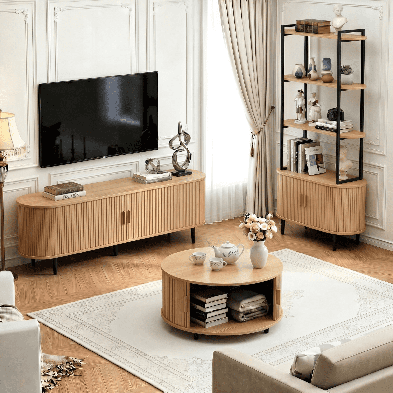 ROGALIS 63 Inch TV Stand with Built-in Power Outlet, Compatible with TVs Up to 70 Inches, Modern Entertainment Center with Adjustable Shelves, Storage Space, and Sliding Doors, Oak