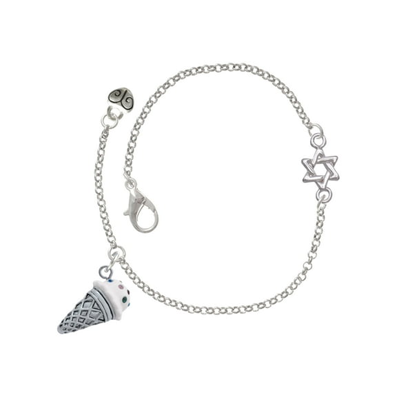 Delight Jewelry Silver-tone 3-D Resin Vanilla Ice Cream Cone with Crystals - Silvertone Star of David Delicate Bracelet, 6.25 1.75" Extender