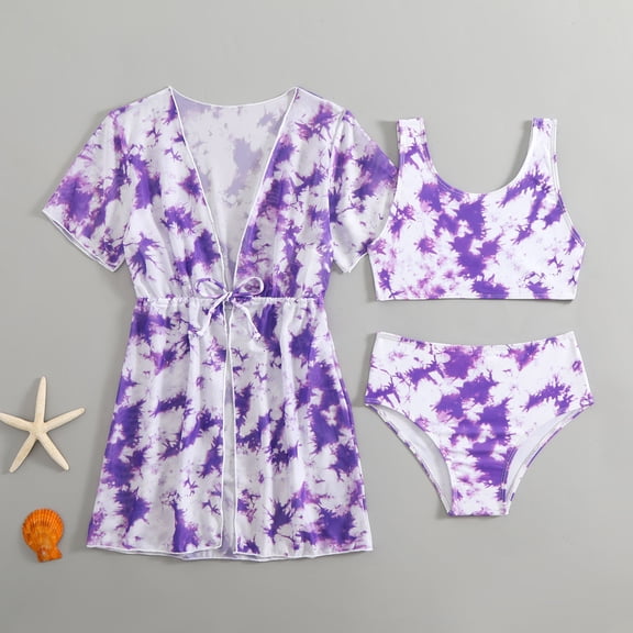Swimsuit for Girls 3 Piece Bikini Mesh Scoop Neck Sleeveless Graphic Print Top And Coat Set for Beach Toddler Bathing Suit Girl Purple 9 Years-10 Years