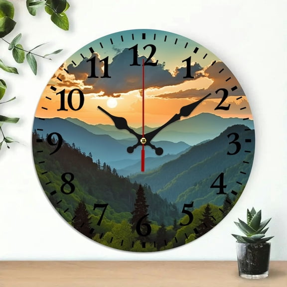 Pratyus Mountain Trees Clouds Theme 10 Inch Round Wooden Wall Clock for Home Decor - Perfect for Living Rooms, Kitchens, Dorms, Everyday Gifts 10x10in