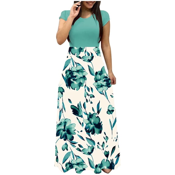 Wycnly Formal Dresses for Women Party Prom Elegant High Waist Swing Tunic Long Dresses Round Neck Short Sleeve Floral Print 2024 Summer Maxi Dress Green s