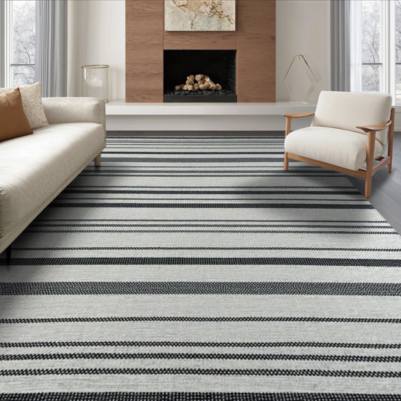 ODIKA 8'x10' Washable Area Rug Durable, Non-Slip Striped Farmhouse With Even Repeating Bands And Clean Border for Living Room, Under Sectional, Family