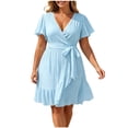 thumbnail image 3 of VBVC Women's Plus Wrap V Neck Flutter Sleeve Mini Dress , Ladies' Waist Tie Ruffle Hem Casual Dress , Summer Beach Party Flowy Sundress For Women,Sky Blue,S-5XL, 3 of 7