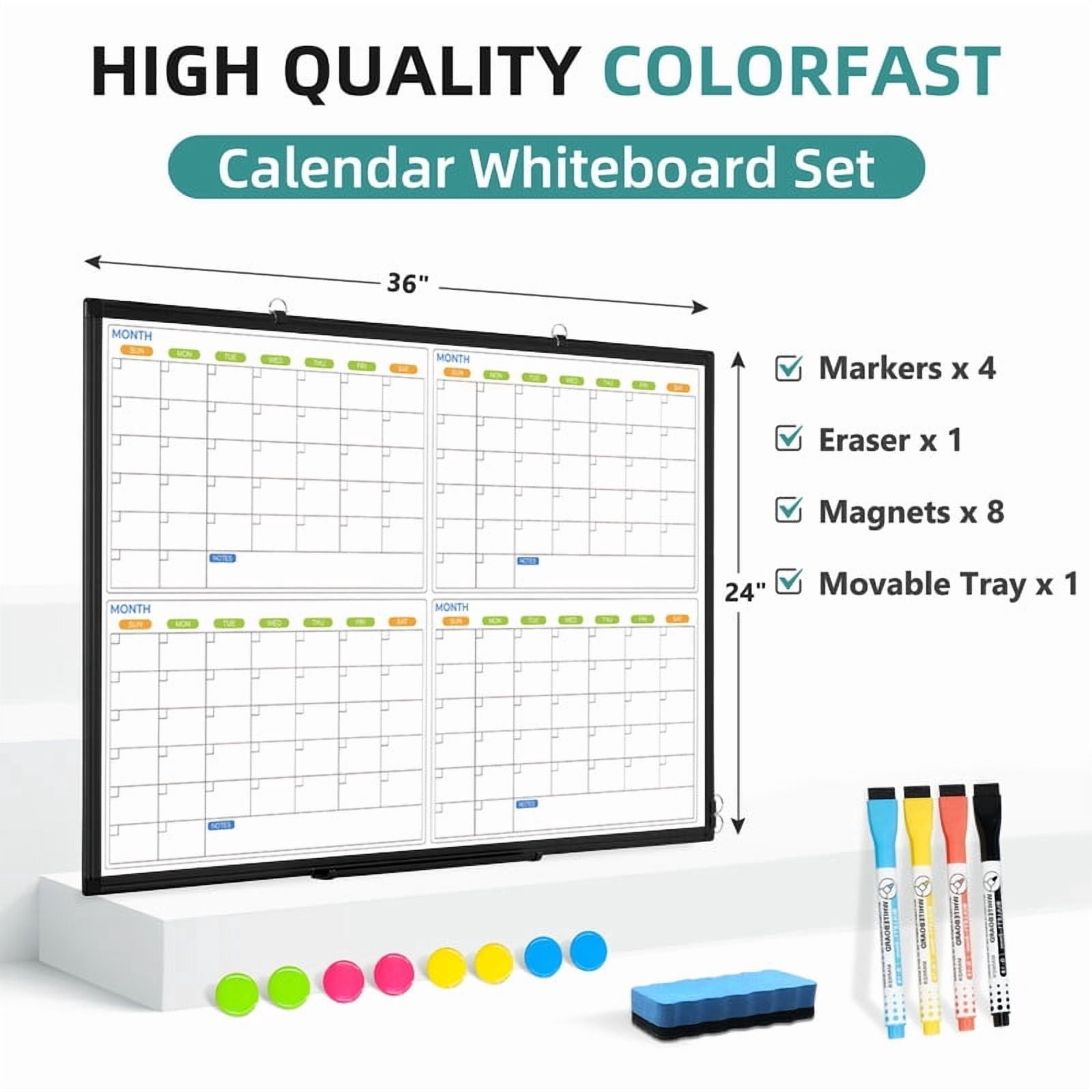 DOLLAR BOSS Dry Erase Board 36" x 24" Calendar Whiteboard 4 Month White Board Calendar for Wall 4 Monthly Magnetic Calendar Whiteboard Wall Mounted Office Supplies for Office Home, Black Frame