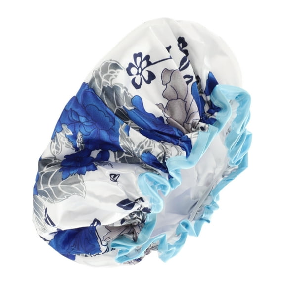 1 Pc Women Double Layer Flowers Shower Cap for Bathroom Vacation Blue White Satin PEVA