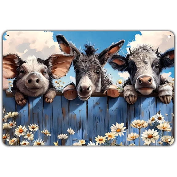 Farm Animals Vintage Metal Tin Sign Wall Decor, Cow Donkey Pig Print for Garden Yard Bar Porch Home Bedroom Kitchen, 8 x 12 in