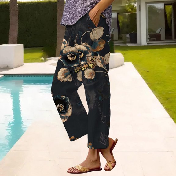 Women's Casual Pants Women'S Casual Boho Floral Print Stripe Cotton Linen Pants Elastic Waisted Summer Spring Beach Baggy,Black Women's Casual Pants XL