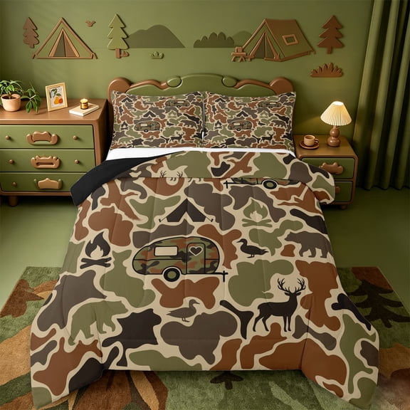 Catabedysis Rustic Camo Camping Full Size Comforter Sets,Jungle Animal Deer Bear Bedding Comforter Set For Boys,Green Brown,Black Reversible,3-Piece,1 Comforter and 2 Pillowcases