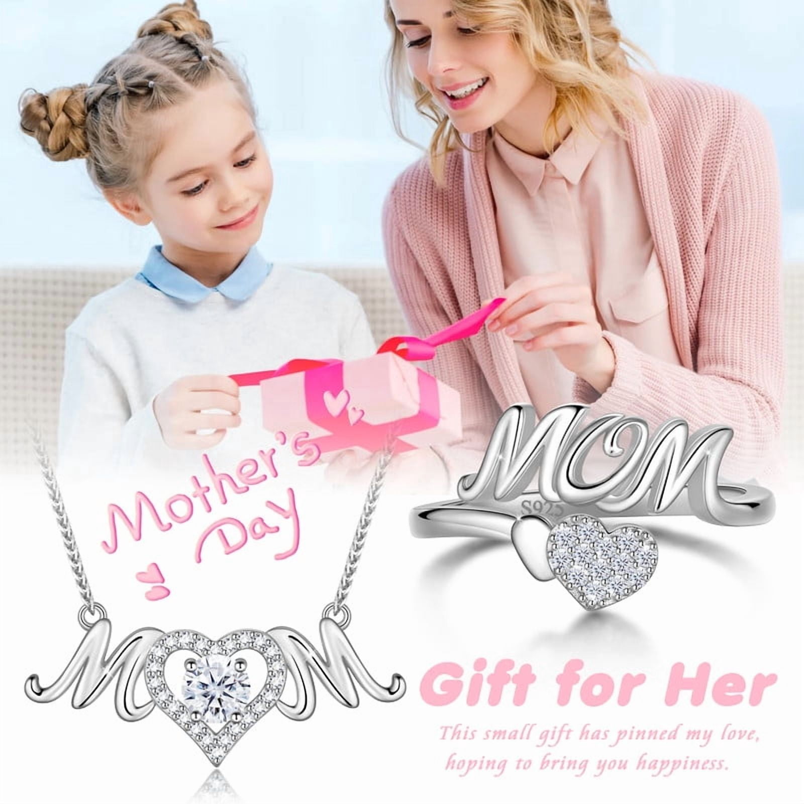 Beautlace Mom Necklace and Ring Set,925 Sterling Silver Love Heart May Emerald Birthstone Pendant Necklace/Adjustable Open Rings Jewelry Set Mother's Day Birthday Gifts for Mom Women Her Gandma