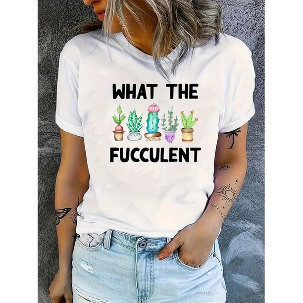 Camisetas con gráficos clásico para mujeres y adolescentes y niñas, playera de verano con estampado estéticoSeasonal Must-Have, Chic Women's Casual T-Shirt with Unique Potted Plant Print - Comfy Cre