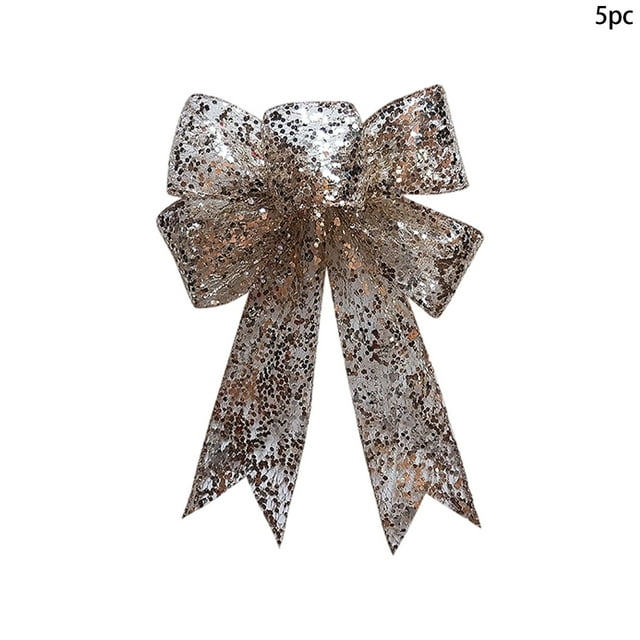 E 5Pcs Christmas Ribbon Mesh Bow Ornaments Set With Glitter Detail For Tree Decoration Festive Party Home Decor Nylon Spandex Fabric Style E