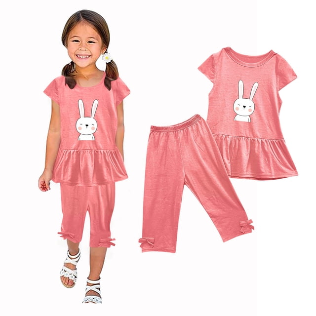LSLJS Girl's Été Col Rond Petit Imprimé Manches Courtes Vol Élastique Taille Recadrée Pantalon Deux Pièces Ensemble Vêtements d'Été Vêtements pour Enfants à la Mode 2024