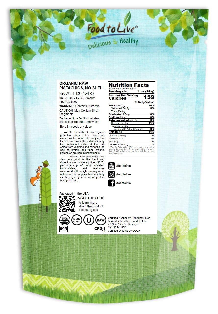 Organic Raw Pistachios, No Shell, 1 Pound – Non-GMO Unsalted and Unroasted Kernels. Perfect for Snacking and Cooking. Kosher. Bulk