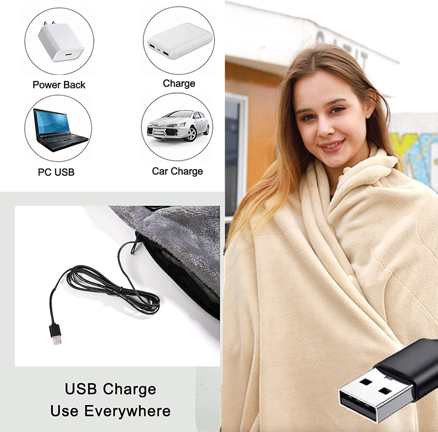 Battery Electric Heated Blanket King Size - Cordless, Rechargeable USB Heating Blanket for Bed, Sofa & Outdoor Use