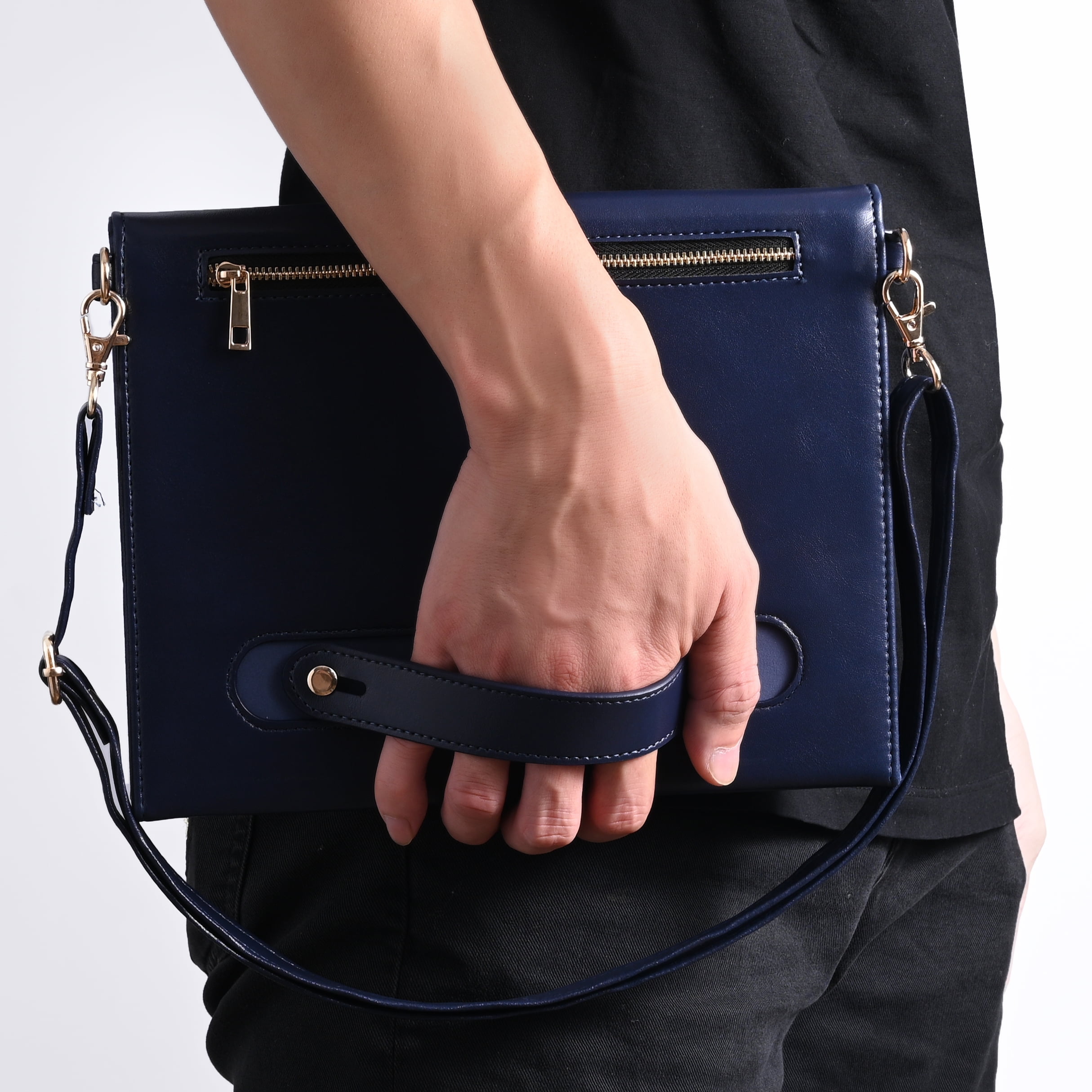 TECH CIRCLE Business Case for Case for iPad 10.2 inch 9th/8th/7th Gen 2021/2020/2019, Premium PU Leather Folio Stand Cover Pencil Holder Zipper Pocket Bag Shoulder Hand Strap Protective Case,Blue