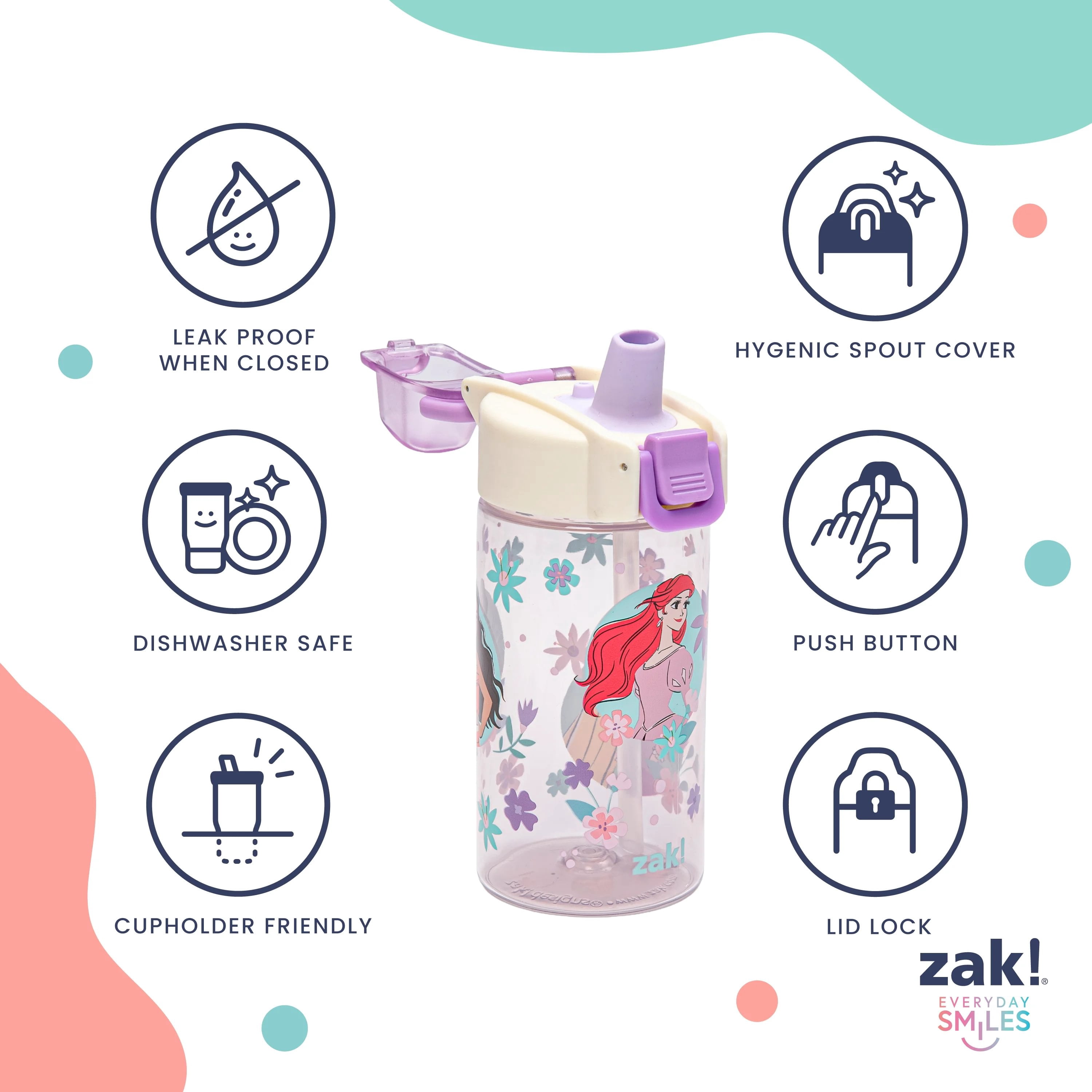Zak Designs 16oz Princess Jubilation Durable Plastic Water Bottle, 2pk.