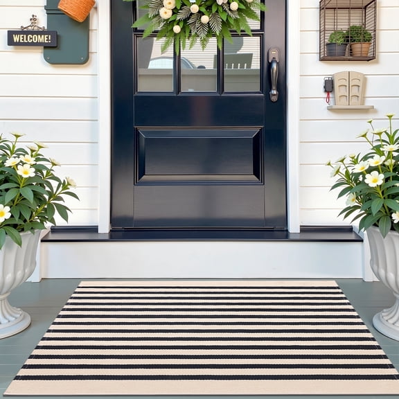 Buganda Beige and Black Striped Area Rug, 2'4"x3'7" Washable Cotton Indoor Outdoor Rugs for Living Room, Kitchen, Patio, All Season Home Decor