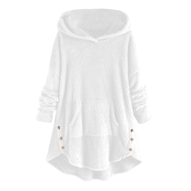 KIHOUT Spring Winter Womens Tops Casual Solid Color Plush Buttons Long Sleeved Hooded Plush Coat Pullover Top