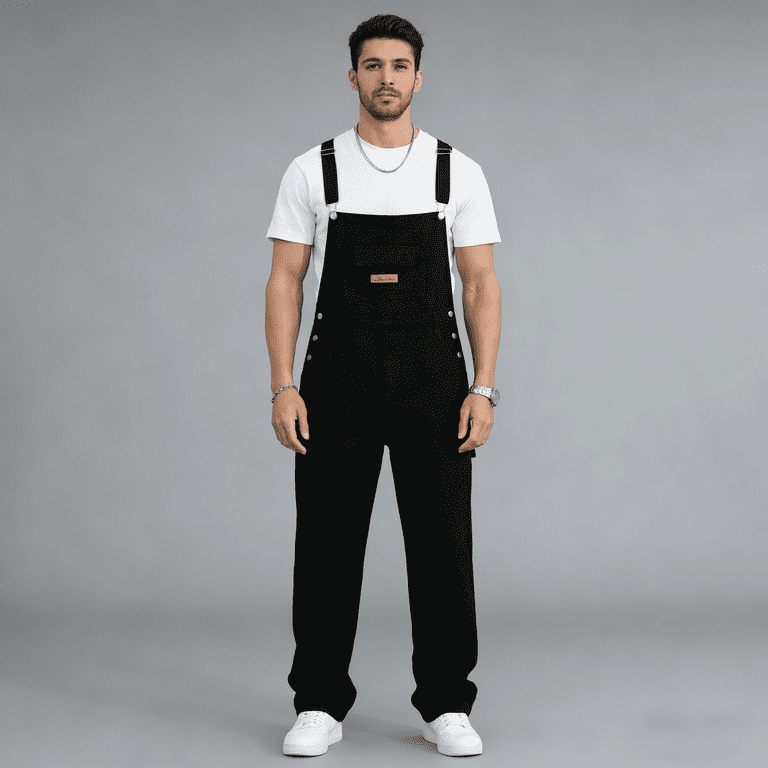 Men's Black Denim Bib Overalls, Loose Fit Workwear Overalls