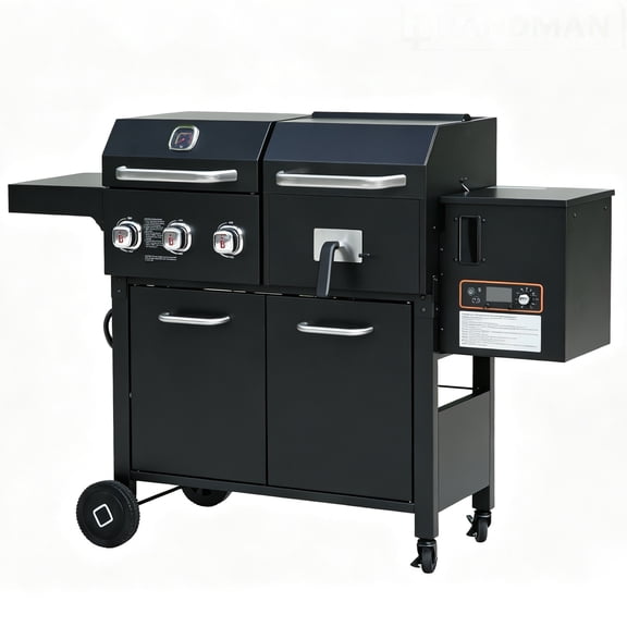 Brand Man Gas and Pellet Combo Grill, 3-Burner Propane BBQ Grill with Wood Pellet Smoker,Easy-Clean Design, 750 Sq.In. Cooking Area, Black