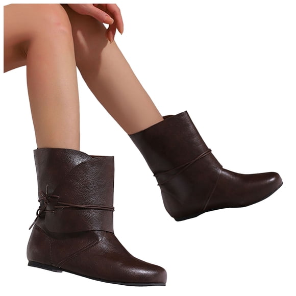 IUJSOY Round Toe Ankle Boots for Women Lace up Wide Calf Flat Booties Motorcycle Western Boots