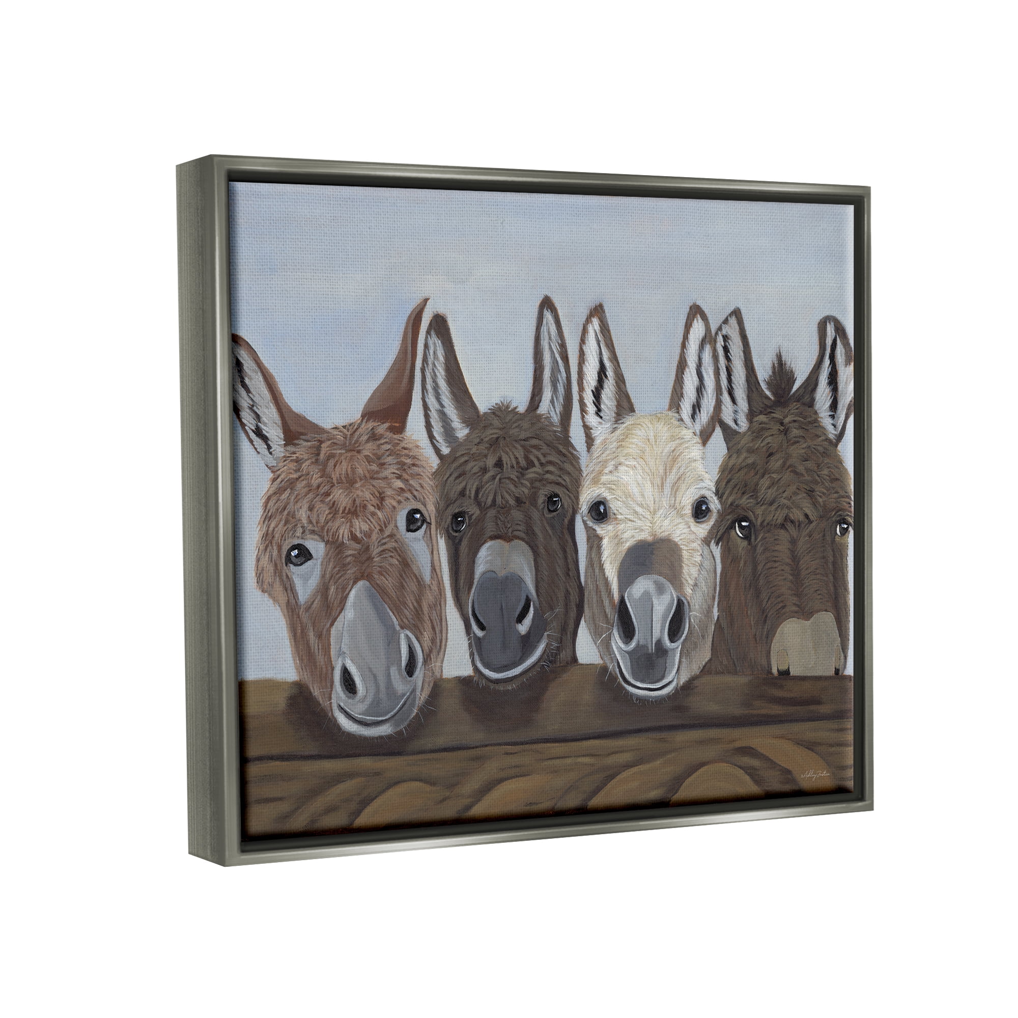 Stupell Happy Donkeys Farmhouse Portrait Animals & Insects Painting Gray Floater Framed Art Print Wall Art