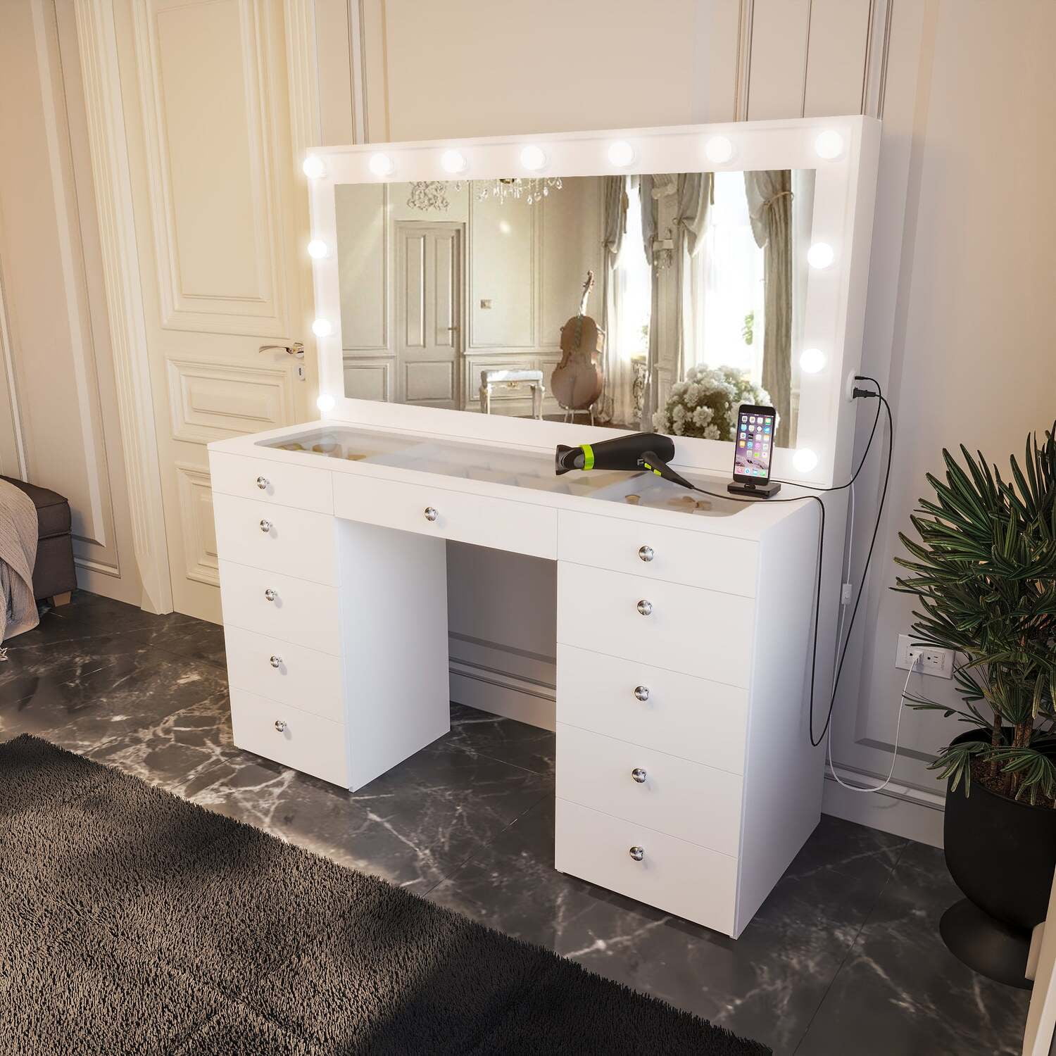 Boahaus Yara PRO Modern Makeup Vanity with Hollywood Light Bulbs Built 